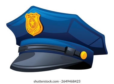 Chapéu de polícia com distintivo dourado com uma estrela, roupas de cabeça essenciais para aplicação da lei. Ilustração de desenho animado vetorial