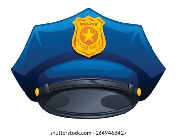 Chapéu da polícia com um distintivo dourado com uma estrela, simbolizando a autoridade e a aplicação da lei. Ilustração de desenho animado vetorial