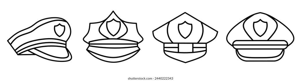 Police hat icon black line design. Stock vector illustration.