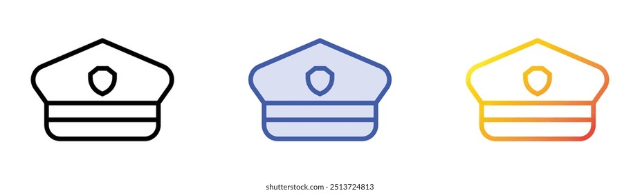 Icono de sombrero de policía. Lineal, relleno azul y diseño de estilo degradado aislado sobre fondo blanco