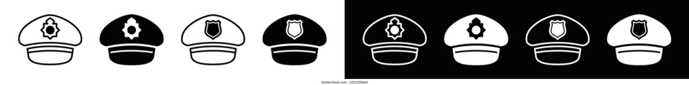 Police hat icon vector. Police cap with shield mark in flat and outline style, symbol illustration