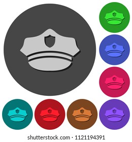 Police hat icons with shadows on color round backgrounds for material design