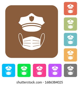 Police hat and medical face mask flat icons on rounded square vivid color backgrounds.