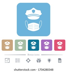 Police hat and medical face mask white flat icons on color rounded square backgrounds. 6 bonus icons included
