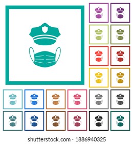 Police hat and medical face mask flat color icons with quadrant frames on white background