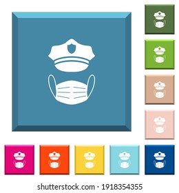 Police hat and medical face mask white icons on edged square buttons in various trendy colors