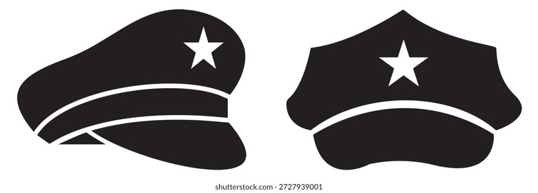 Police Hat Vector Icon Set – Black Law Enforcement Cap Symbols with Badge and 
Star in Flat and Silhouette Style