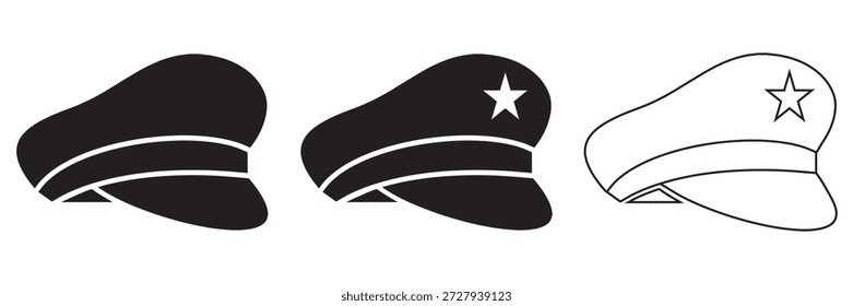Police Hat Vector Icon Set – Black Law Enforcement Cap Symbols with Badge and 
Star in Flat and Silhouette Style