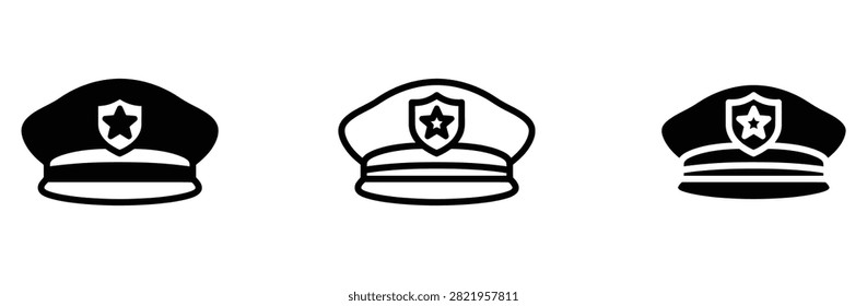 Police hat vector icon set, cop cap officer badge symbol for law enforcement security authority safety protection uniform crime prevention justice department precinct, flat linear outline style