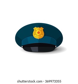 Police Hat Vector Illustration, Blue Officer Cop Cap With Black Peak And Police Badge Design Isolated On White