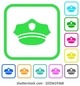 Police hat vivid colored flat icons in curved borders on white background