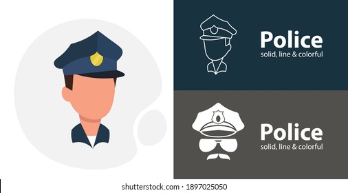 Police head flat icon, with Police head simple, line icon