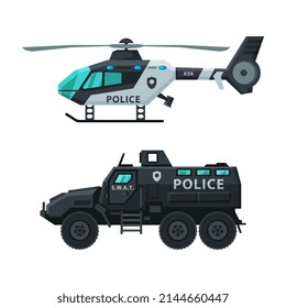 Police Helicopter and Car or Patrol Car as Air and Ground Vehicle for Transportation Vector Set