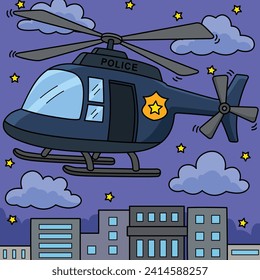 Police Helicopter Colored Cartoon Illustration