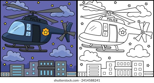 Police Helicopter Coloring Page Illustration