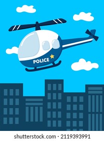 Police Helicopter Flies Over The City. Vector.