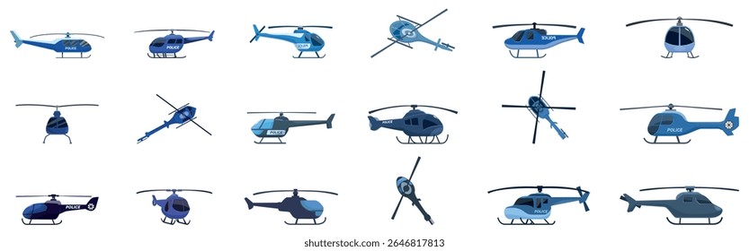  Police helicopter icons set. Set of police helicopters patrolling, rescuing, and serving the community