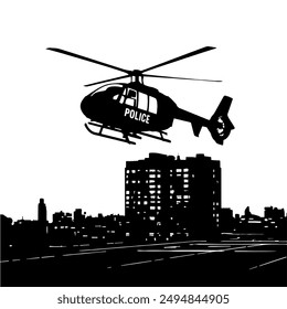 a police helicopter lands on the roof of a high-rise building. Vector silhouette monochrome illustration in flat art style