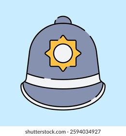 Police Helmet Flat design style, traditional British police helmet with a badge, representing law enforcement, perfect for security icons, crime-related content, and UK culture designs.