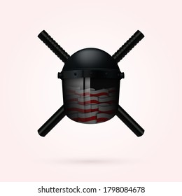Police helmet and rubber batons. Belarusian flags are reflected on the glass of the helmet. Demonstration dispersal and intimidation concept Vector illustration.