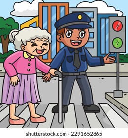 Police Helping Old Woman Colored Cartoon 