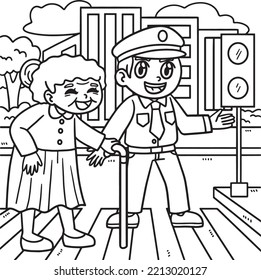 Police Helping Old Woman Coloring Page for Kids