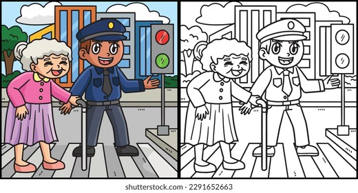 Police Helping Old Woman Coloring Illustration