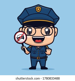 police holding stop car do not enter sign. cute cartoon character. vector illustration