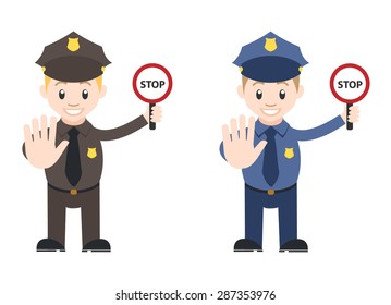 Police Holds A Stop Sign Or Security Man