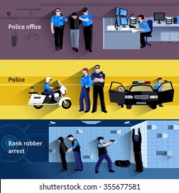 Police Horizontal Banners Of Policeman People In Office And Outdoor And At Bank Robber Arrest Flat Shadow Vector Illustration 