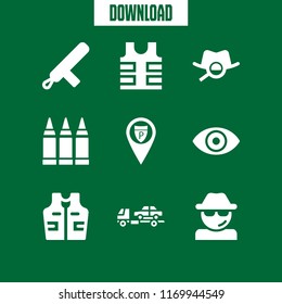 police icon. 9 police vector set. spy, bulletproof vest, nightstick and tow truck icons for web and design about police theme