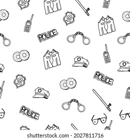 police icon illustration isolated on white background. set of police element. seamless pattern, hand drawn vector. handcuffs, badge, sunglasses, hat. doodle art for wallpaper, wrapping paper, backdrop