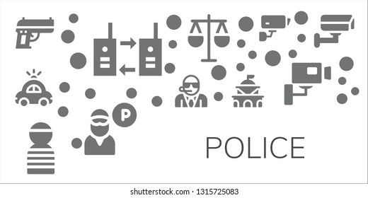 police icon set. 11 filled police icons.  Simple modern icons about  - Gun, Walkie talkie, Police car, Bodyguard, Prisioner, Government, Law, Guard, Cctv