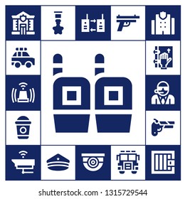 police icon set. 17 filled police icons.  Collection Of - Police, car, Siren, Walkie talkie, Frappe, Oath, Bodyguard, Gun, Cctv, Badge, hat, Surveillance, Jury, station