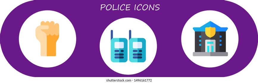 police icon set. 3 flat police icons.  Collection Of - protest, walkie talkies
