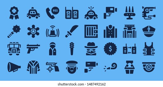 police icon set. 32 filled police icons. on blue background style Simple modern icons about  - Badge, Weapon, Jury, Protest, Police car, Sheriff, Gun, Uniform, Emergency call