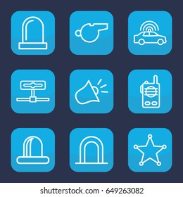 Police icon. set of 9 outline police icons such as police car, siren, sheriff, walkie talkie, whistle