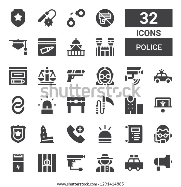 police icon set.\
Collection of 32 filled police icons included Protest, Police car,\
Detective, Gun, Prisoner, Bodyguard, Law, Hooter, Emergency call,\
Nevyansk, badge,\
Penalty