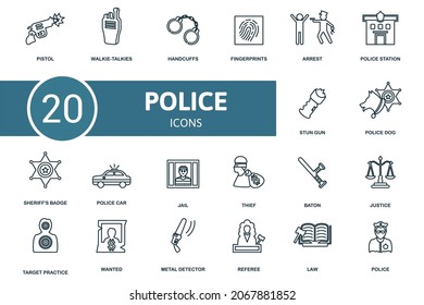 Police icon set. Collection of simple elements such as the pistol, walkie-talkies, handcuffs, police dog, sheriff's badge, jail, fingerprints.