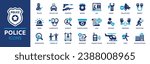 Police icon set. Containing badge, jail, arrest, investigate, handcuffs and police station. Solid vector icons collection.