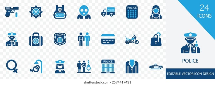 Police icon set. containing  police, thief,  handcuffs,  jail,  arrest and more vector icon design 
