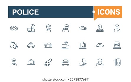 Police icon set. It contains symbols to policeman, emergency, safety, bullet, guard, enforcement. Collection for mobile and web apps. Minimalist editable vector stroke.