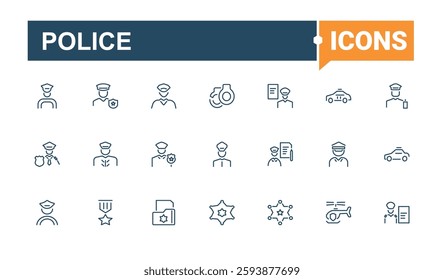 Police icon set. It contains symbols to policeman, emergency, safety, bullet, guard, enforcement. Collection for mobile and web apps. Minimalist editable vector stroke.