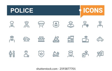 Police icon set. It contains symbols to policeman, emergency, safety, bullet, guard, enforcement. Collection for mobile and web apps. Minimalist editable vector stroke.