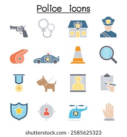 Police icon set  in flat color style