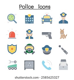 Police icon set  in flat color style