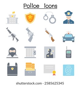 Police icon set  in flat color style