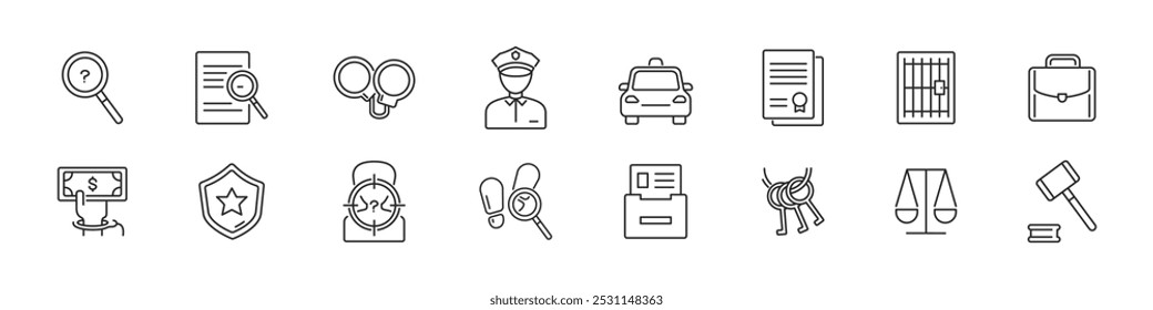 Police icon set. Policeman, handcuff, sheriff, law, warrant, jail. Vector.