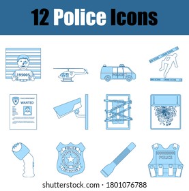Police Icon Set. Thin Line With Blue Fill Design. Vector Illustration.