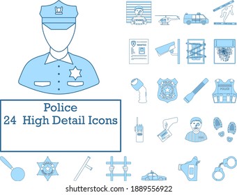 Police Icon Set. Thin Line With Blue Fill Design. Vector Illustration.